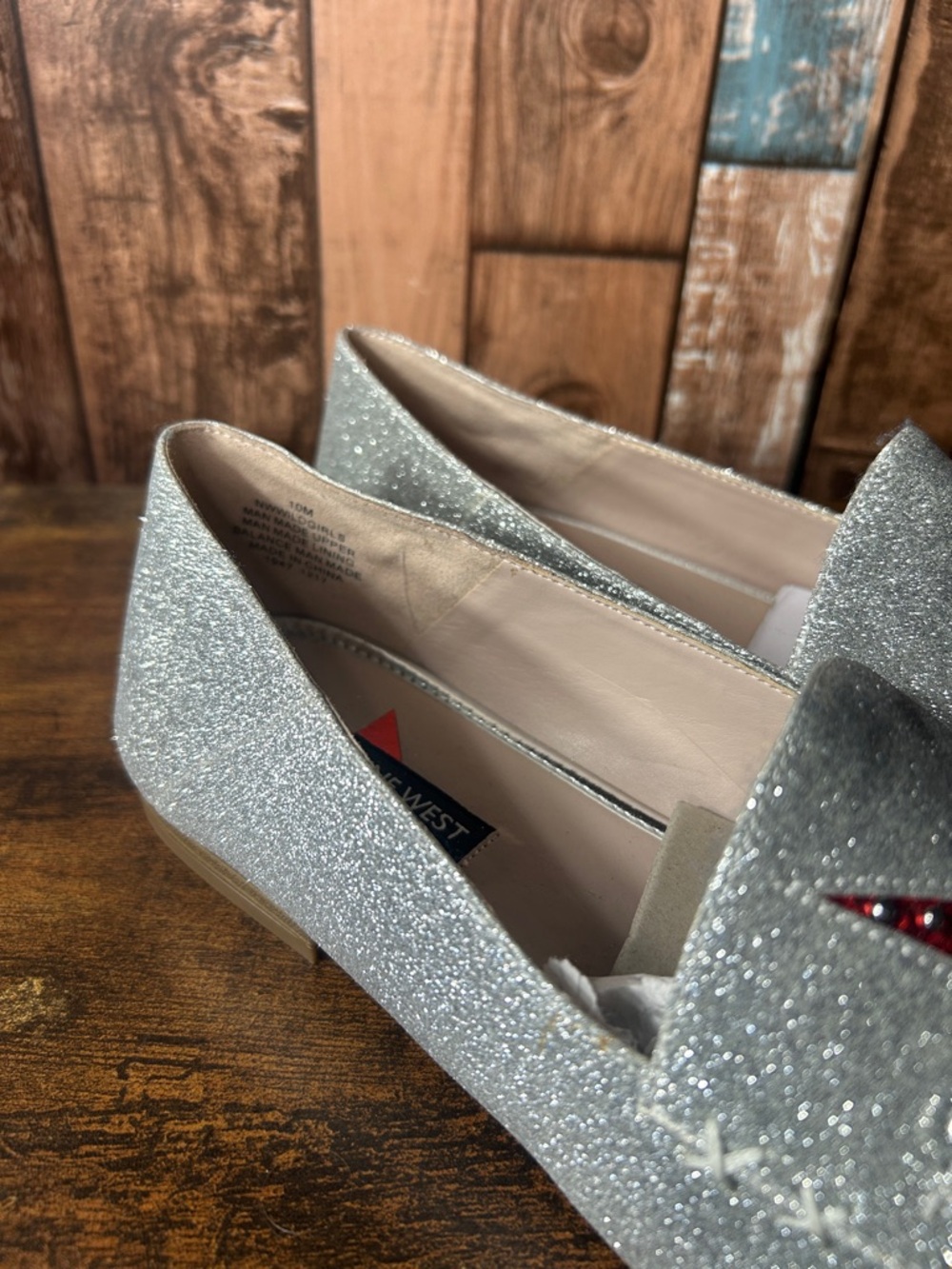 Nine West Silver Glitter Slip-On Loafers with Red Lightning Detail - Picture 3 of 16